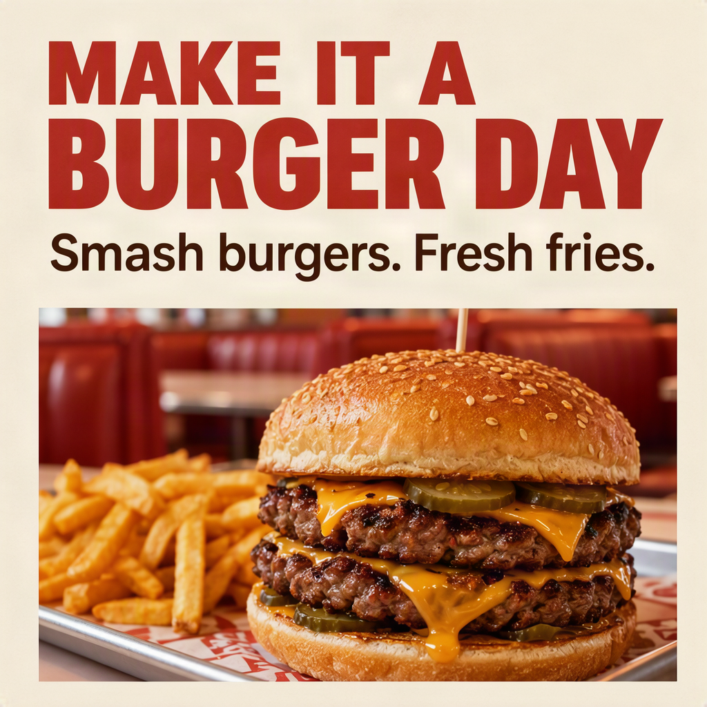 MOSS-Image restaurant promotion with a smash burger, fries and MAKE IT A BURGER DAY headline