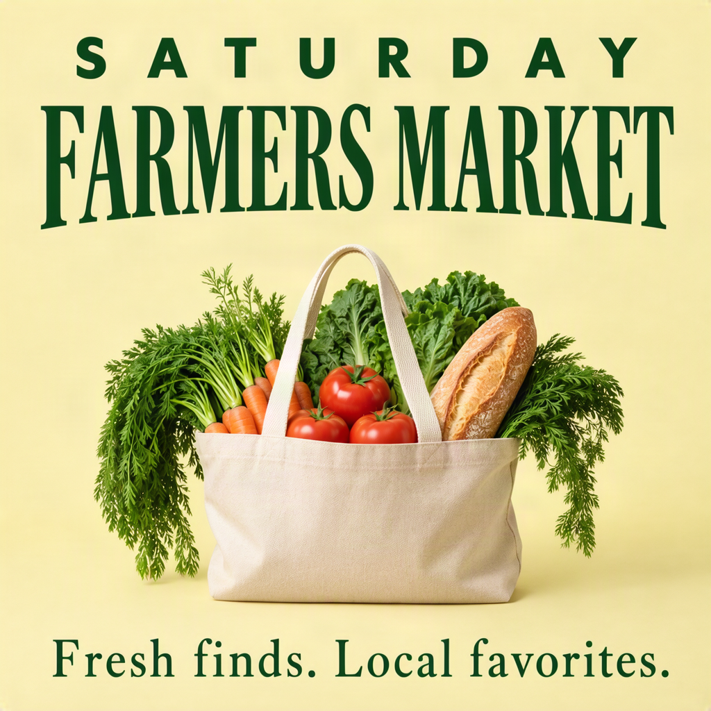MOSS-Image community flyer for a Saturday farmers market with fresh produce and green editorial typography