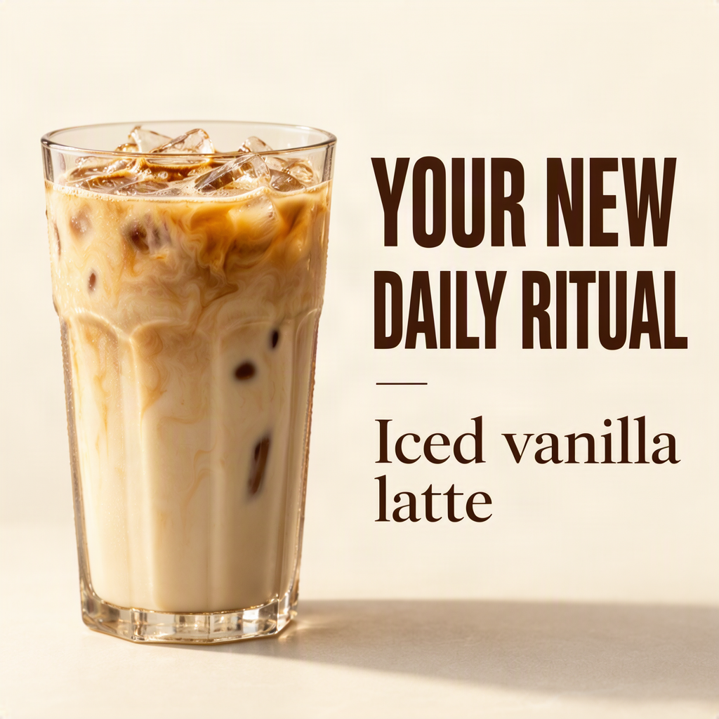 MOSS-Image iced vanilla latte menu announcement with a chilled glass and YOUR NEW DAILY RITUAL lettering